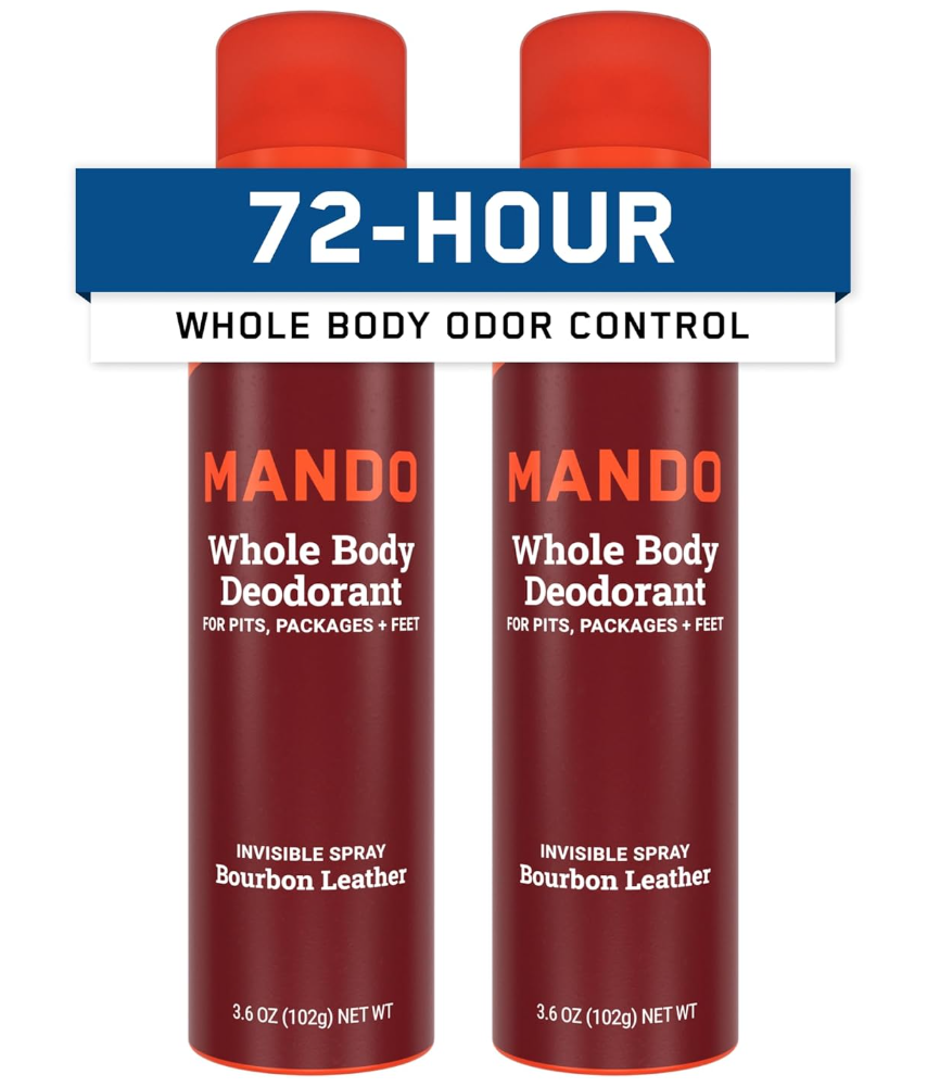 Mando Whole Body Deodorant For Men - Invisible Spray Deodorant - 72 Hour Odor Control - Low Irritation Formula - Aluminum Free, Benzene Free - 3.6 ounce Cans (Pack of 2) - Bourbon Leather