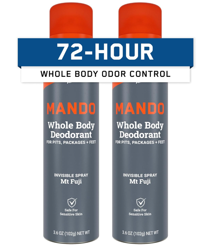 Mando Whole Body Deodorant For Men - Invisible Spray Deodorant - 72 Hour Odor Control - Low Irritation Formula - Aluminum Free, Benzene Free - 3.6 ounce Cans (Pack of 2) - Mt Fuji