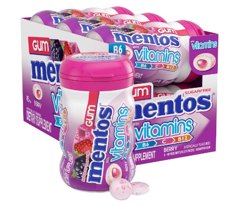 Mentos Sugar Free Vitamin Gum with Xylitol, Berry, 45 Piece Bottle (6 Pack) | Chewing Gum, 30% of Daily Value Vitamin B6, Vitamin B12, Vitamin C, Perfect for Long Lasting Fresh Breath at School & Work