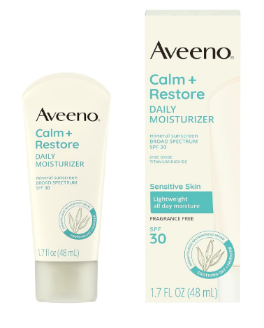 Aveeno Calm + Restore Daily Moisturizer Mineral Sunscreen, 1.7 fl. oz | Broad Spectrum SPF 30, Lightweight All Day Moisture, UVA/UVB Sun Protection For Sensitive Skin, Fragrance Free