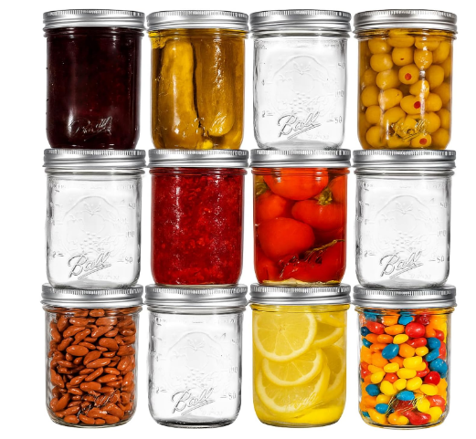 Ball Regular Mouth Mason Jars 8 oz. 12 Pack Bundled with Peaknip Jar Opener | Half Pint Size Jars with Airtight Lids and Bands for Canning, Fermenting, Pickling, Meal Prep or DIY Decors and Projects