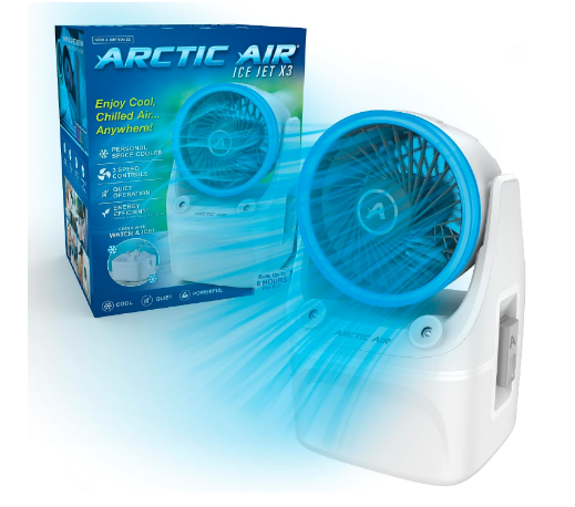 Arctic Air Ice Jet X3 Portable Air Cooler,Dual Mist Modes, Up to 8-Hour Cooling Time, 3-Speed Portable Cooler with Adjustable Airflow, USB C, LED Mood Light, Lightweight, Great for Home & Travel