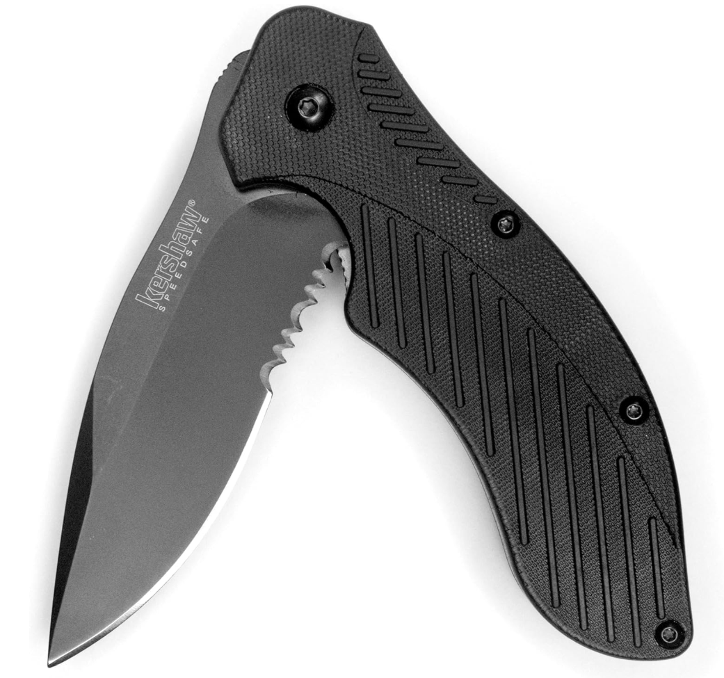 Kershaw Clash Black Serrated Pocketknife, 3" 8Cr13MoV Steel Drop Point Blade, Assisted One-Handed Flipper Opening, Folding Utility EDC