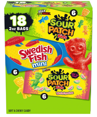SOUR PATCH KIDS & SWEDISH FISH Mini Soft & Chewy Candy Variety Pack, 18 ct