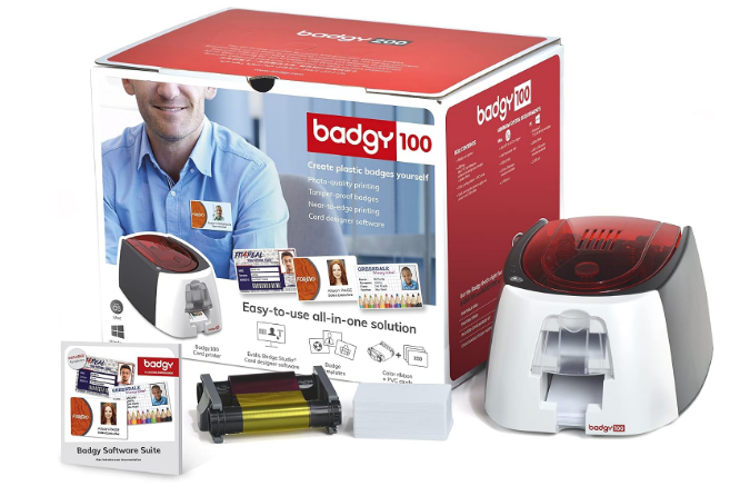 Badgy100 Plastic Card Printer with Badge Studio - ID Design Software for Full Color, Custom, Tamper Proof ID Badges in Seconds