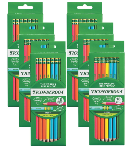 Ticonderoga Neon Pencils, #2 Pre-Sharpened Wood Pencils with Erasers, 18-Count, 13018 (Pack of 6, 108 Count Total)