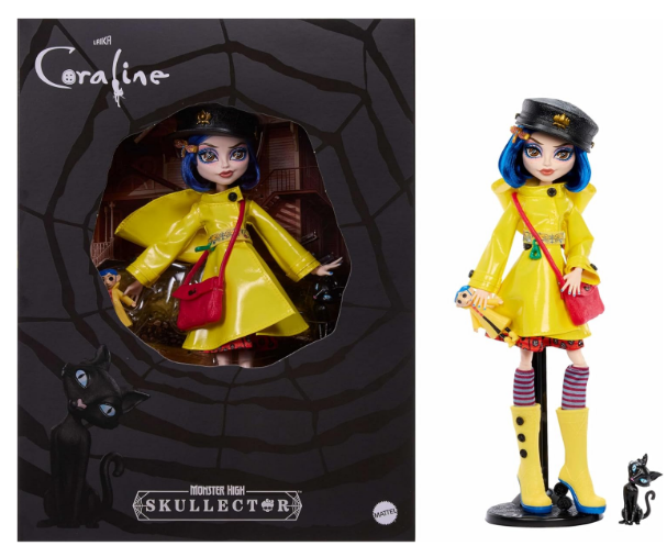 Monster High Skullector Doll, Coraline Collectible in Yellow Raincoat with Dress and Accessories Like Rag Doll, Cat Figure, and Doll Stand