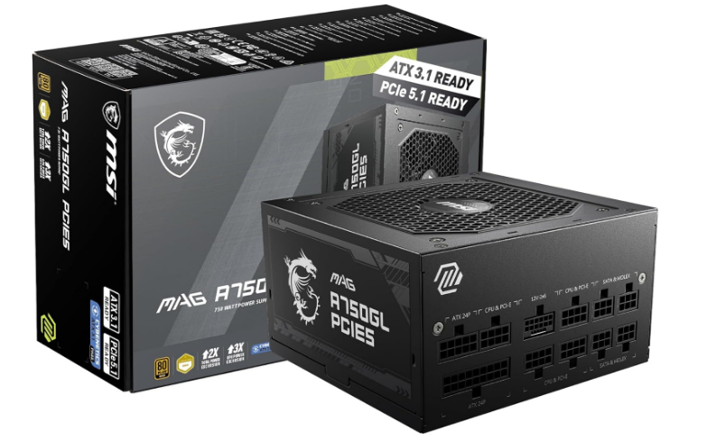 MSI MAG A750GL PCIE5, Fully Modular Compact Gaming 750W Power Supply, 80+ Gold, ATX 3.1 & PCIe 5.1 Ready, Native Dual-Color 12V-2x6 Cable, 10 Year Warranty