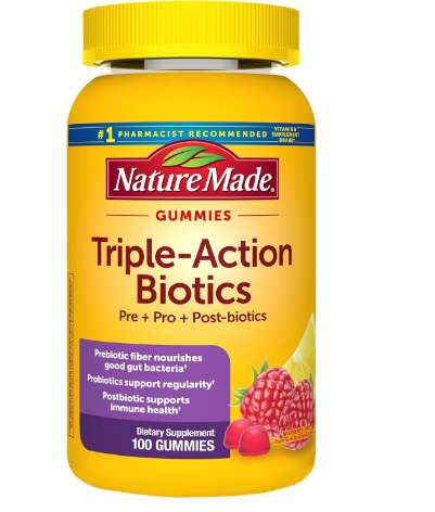 Nature Made Triple-Action Biotics, Gut and Immune Health Support, Digestive Probiotics for Women and Men, Prebiotic Fiber Gummies, 100 Gummies, 50 Day Supply