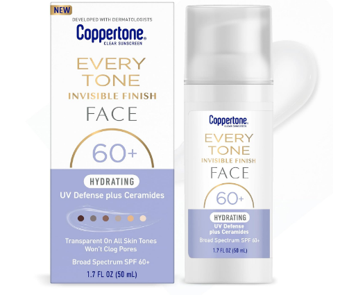 Coppertone Every Tone Invisible Finish Hydrating UV Defense Face Sunscreen SPF 60+ with Ceramides, Lightweight, Blends in Clear Sunscreen for All Skin Tones, 1.7 Fl Oz Pump Bottle
