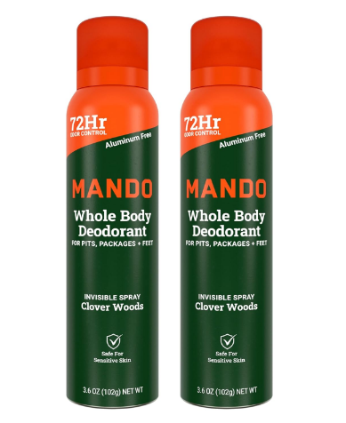 Mando Whole Body Deodorant For Men - Invisible Spray Deodorant - 72 Hour Odor Control - Low Irritation Formula - Aluminum Free, Benzene Free - 3.6 ounce Can - Clover Woods
