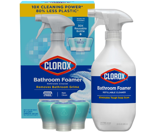 Clorox Bathroom Foamer Refillable Cleaner, Household Essentials, 1 Bottle and 3 Refill, Rain Clean, 1.13 Fl Oz