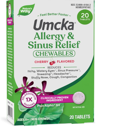 Nature's Way Umcka Allergy & Sinus Relief Chewables, Non-Drowsy Homeopathic Allergy Relief for Sinus Pressure, Congestion, Runny Nose & Sneezing*, Cherry Flavored, 20 Chewable Tablets