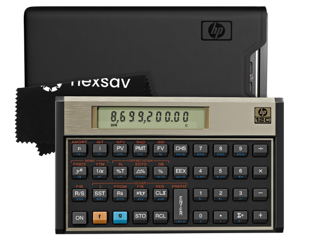 HP 12C Financial Calculator – 120+ Functions: TVM, NPV, IRR, Amortization, Bond Calculations, Programmable Keys – RPN Desktop Calculator for Finance, Accounting & Real Estate – Includes Case + Cloth