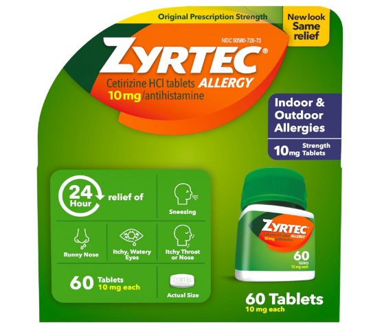 Zyrtec 24 Hour Allergy Relief Tablets, Indoor & Outdoor Allergy Medicine with 10 mg Cetirizine HCl per Antihistamine Tablet, Relief of Allergies, 60 count
