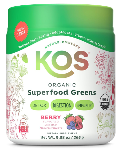 KOS Organic Superfood Greens Powder - Gut Health from Prebiotic Fiber, Supergreens and Adaptogens - USDA Certified Organic, Made in a GMP Certified Facility - 28 Servings Berry