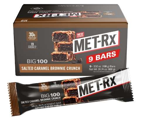 MET-Rx Big 100 Protein Bar, Meal Replacement Bar, 30G Protein, Salted Caramel Brownie Crunch, 9 Count, 3.52 Oz.(Packaging may vary)