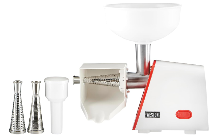 Weston Deluxe Electric Tomato Strainer, Food Mill & Sauce Maker | For Purees, Jellies & Salsa | 1 Gallon Hopper | 250 Watt Motor | 1.5mm, 3mm & 6mm Screens | 82-0250-W