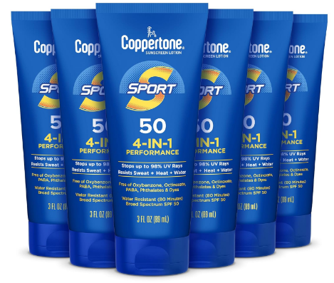 Coppertone Sport Sunscreen Lotion SPF 50, Sweat, Heat and Water Resistant Sunblock, Lightweight, Oxybenzone Free, Travel Size Sunscreen Bulk Pack, 3 Fl Oz Bottle, Pack of 6